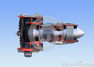 Turbofan jet engine`s cross section wireframe isolated on blue background Stock Photo