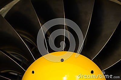 Turbojet engine blades close-up in warm light shine Stock Photo