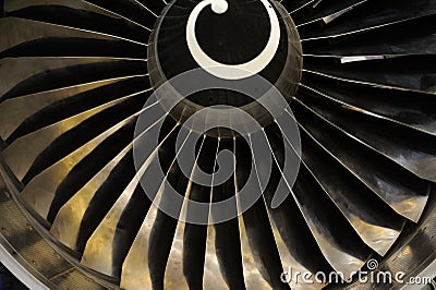 Turbojet engine blades close-up in warm light shine Stock Photo