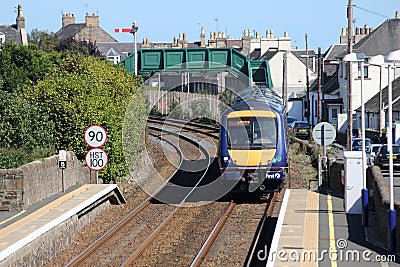 Turbostar train entering Carnoustie station Editorial Stock Photo