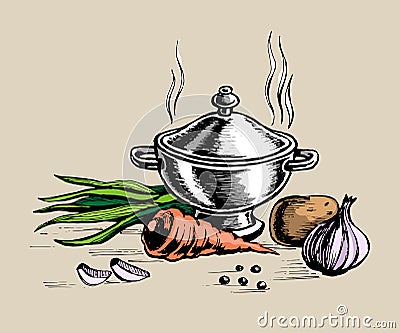 Tureen and for cooking vegetables Vector Illustration