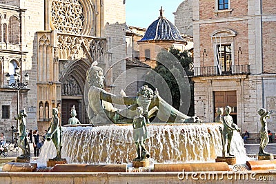 Turia Fountain on Plaza de la Virgen in Valencia Editorial Stock Photo