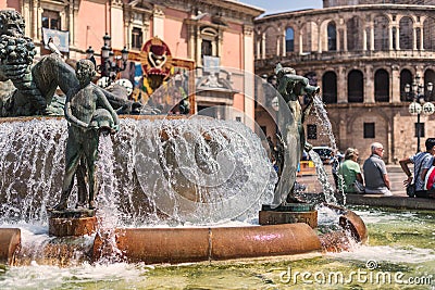 Turia Fountain on Plaza de la Virgen, Valencia, Spain Editorial Stock Photo