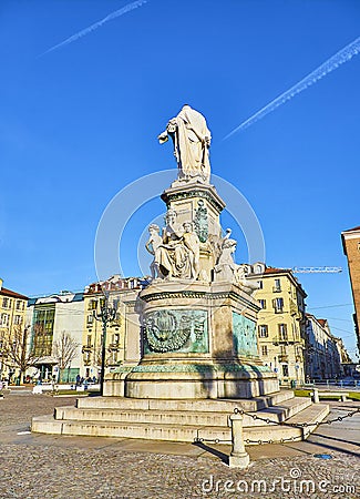 Camillo Benso monument in Piazza Carlo Emanuele II square. Milan, Lombardy, Italy Editorial Stock Photo