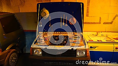 Turin, Italy - June 20, 2021: cooking stoves built into an antique Italian automobile at Automobile Museum. Editorial Stock Photo