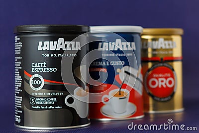 TURIN, ITALY - 2 May 2019: Lavazza Coffee Jar on the Violet Background. Different kind and taste of Lavazza Coffee in Package, Editorial Stock Photo