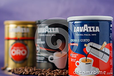 TURIN, ITALY - 2 May 2019: Lavazza Coffee Jar on the Violet Background. Different kind and taste of Lavazza Coffee in Package, Editorial Stock Photo