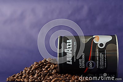 TURIN, ITALY - 2 May 2019: Lavazza Coffee Jar on the Violet Background. Different kind and taste of Lavazza Coffee in Package, Editorial Stock Photo