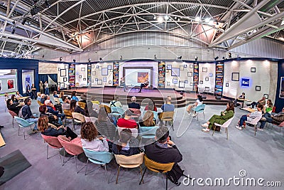 RAI space stage presentation writers and authors at the 35th Turin International Book Fair Italy Editorial Stock Photo