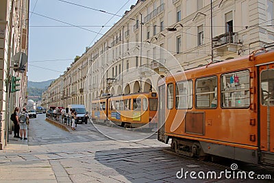 Turin, Italy - september 2020: historic trams pass along the central Via Po Editorial Stock Photo