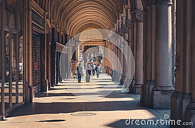 Turin, Italy, September 10, 2018: People are walking down the streets with buildings Editorial Stock Photo