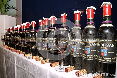 Turin, Piedmont, Italy. -10/26/2009- Fair `Wine show`, aged Tuscan red wine Brunello di Montalcino. Editorial Stock Photo