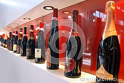 Turin, Piedmont/Italy. -10/24/2009- The Wineshow Fair. Bottles of red sparkling wines Brachetto Editorial Stock Photo