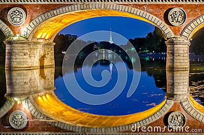 Turin Torino Ponte Isabella and river Po at blue hour Stock Photo