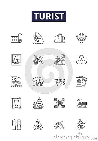 Turist line vector icons and signs. Vacationer, Voyager, Excursionist, Visitor, Explorers, Trekker, Pilgrim, Tripper Vector Illustration