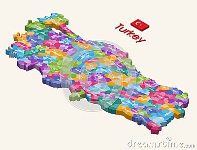 Turkey administrative districts 3d (isometric) isolated map colored by provinces and districts Vector Illustration