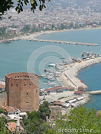 Turkey, Alanya - red tower and harbor Stock Photo