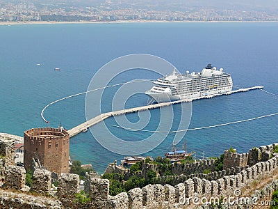 Turkey, Alanya - red tower and harbor Stock Photo