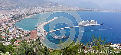 Turkey, Alanya - red tower and harbor Stock Photo