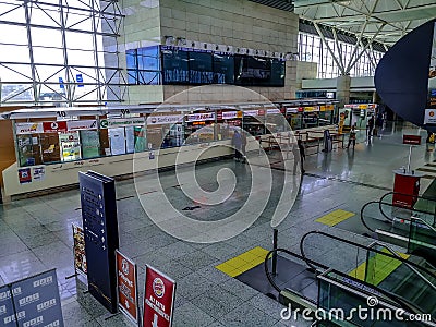 Lounge with air ticket sales offices at Ankara Esenboga Airport ESB. Large bright modern Editorial Stock Photo