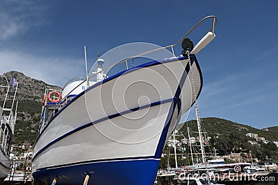 Turkey - Antalya - Kas - White boat hull clear blue sky Editorial Stock Photo