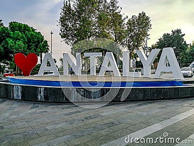 Sign I love Antalya on the city square. Red heart and white letters on the background of a Editorial Stock Photo