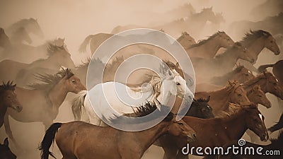 Horses run gallop in dust Stock Photo