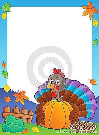 Turkey bird holding pumpkin frame 1 Vector Illustration