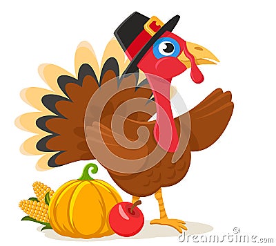 Turkey bird with pumpkin and corn shows a place for text. Thanksgiving day Vector Illustration