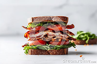 Turkey BLT sandwiches stacked on white background, generative AI Stock Photo