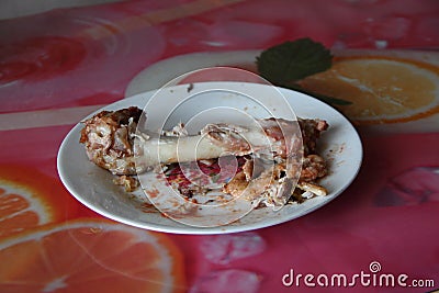 Turkey bones on a plate after eating Stock Photo