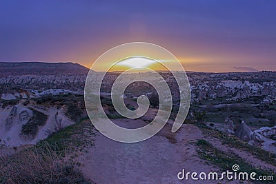 Turkey. Cappadocia. Lunar landscape. Cave. Sunrise Stock Photo