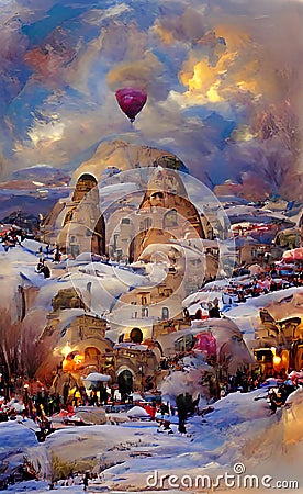 Turkey Cappadocia in winter, artwork sketch. Cappadocia houses inside the rocks, tourist place, illustration Cartoon Illustration
