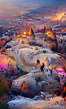 Turkey Cappadocia in winter, artwork sketch. Cappadocia houses inside the rocks, tourist place, illustration Cartoon Illustration