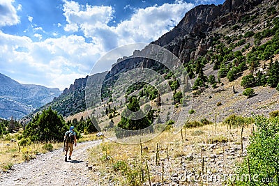 Turkey, Chamard - August 3, 2019: Tourist walk along the road through the mountain landscape in the Turkish national Editorial Stock Photo