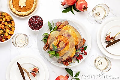 Turkey or chicken served with light white wine for festive dinner, top down view Stock Photo