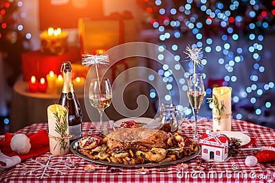 Turkey on CHristmas decorated table Stock Photo