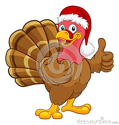 Turkey In Santa Hat Christmas Thanksgiving Cartoon Vector Illustration