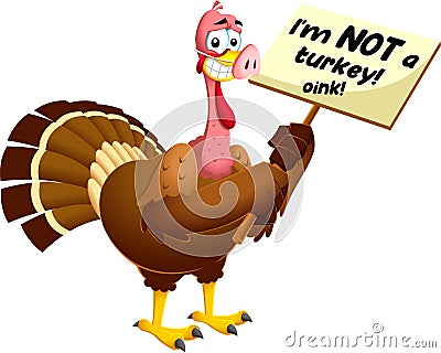 Scared Turkey Cartoon Characters Masked As A Pig Holds A Sign With An Inscription Vector Illustration