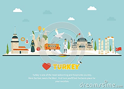 Turkey concept image with landmarks and symbols Vector Illustration