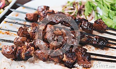 Turkey, Diyarbakir lamb shish kebab on serving plate in restaurant Stock Photo