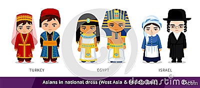 Turkey, Egypt, Israel. Men and women in national dress. Set of asian people wearing ethnic traditional costume. Vector Illustration