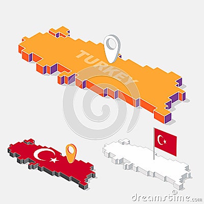 Turkey flag on map element with 3D isometric shape isolated on background Vector Illustration