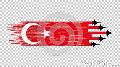 Turkey flag with military fighter jets isolated on png or transparent ,Symbols of Turkey,template for banner,card,advertising, Vector Illustration