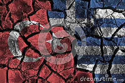 Turkey and Greece flag on cracked ground . Confliction and crisis concept. Stock Photo