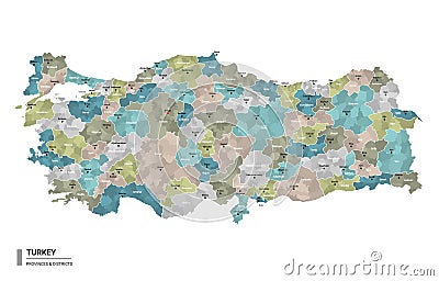 Turkey higt detailed map with subdivisions. Administrative map of Turkey with districts and cities name, colored by states and Vector Illustration