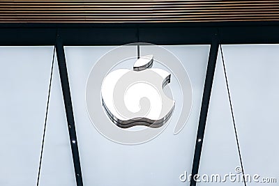 Turkey, Istanbul, December 17, 2019: Apple company logo at the entrance of the Apple Store Editorial Stock Photo