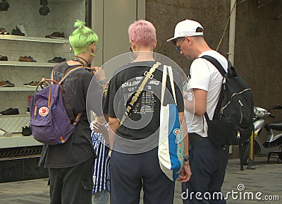 Turkey, Istanbul, Istiklal Cd., group of young people with colored hair Editorial Stock Photo