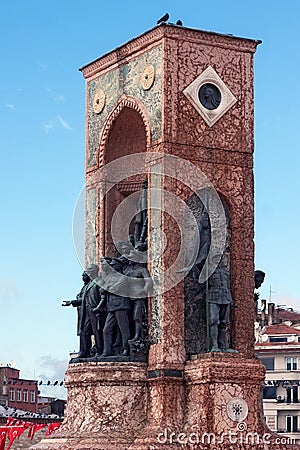 TURKEY, ISTANBUL - NOVEMBER 07, 2013: Elements of the famous Republic Monument on Taksim square. Editorial Stock Photo