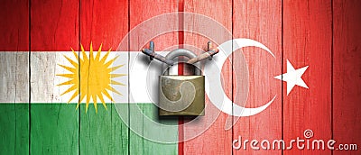 Turkey and Kurdistan flags united with an old, rusty padlock. 3d illustration Cartoon Illustration